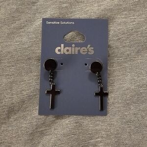Claires earrings, black dangling crosses with screw on flat backs.